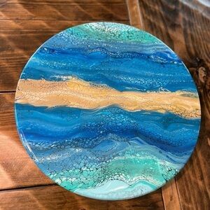 Hand painted resin sealed Lazy Susan 17.5” wide w/beach feel